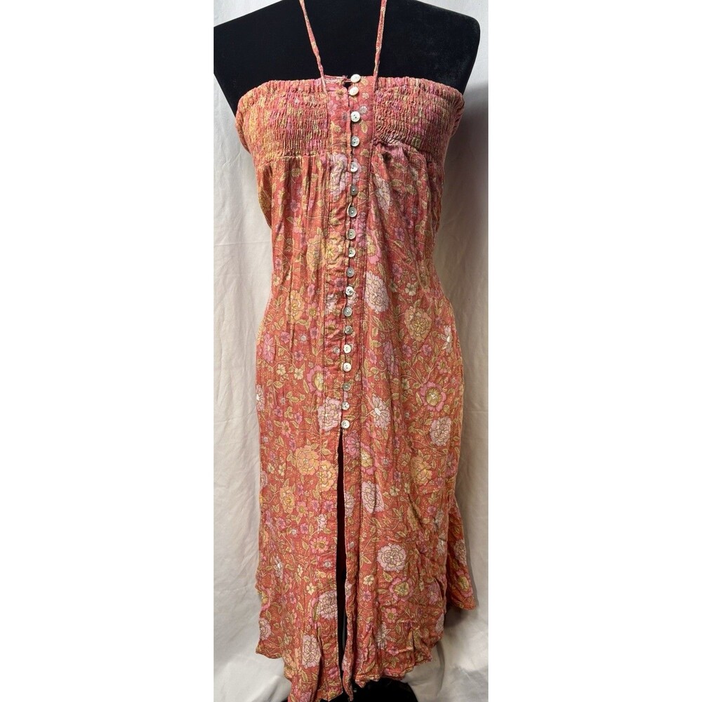 Rachel Zoe Pink Orange Floral Strapless Smocked Button Front Maxi Dress L
